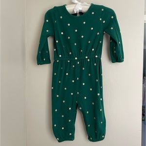 Old navy long sleeve jumpsuit, green with glitter gold polka dots, size 6-12m
